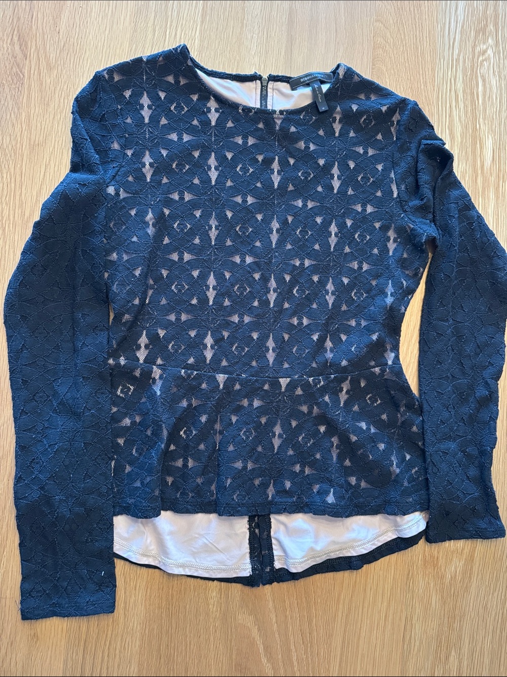 BCBGMaxAzria Navy Lace Peplum Long-Sleeve Top